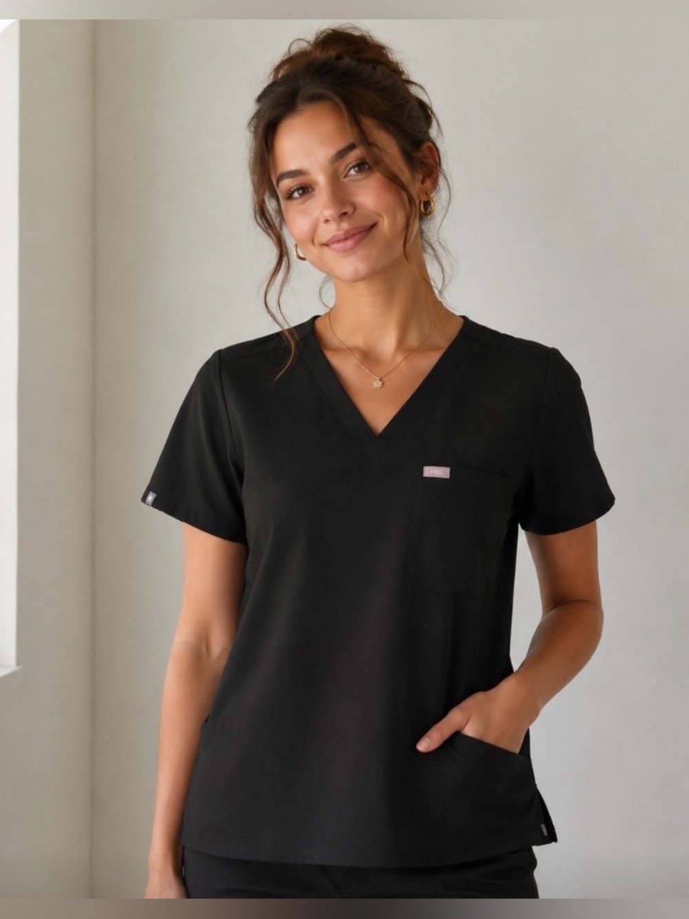 Figs Black V-Neck Short Sleeve Scrub Top